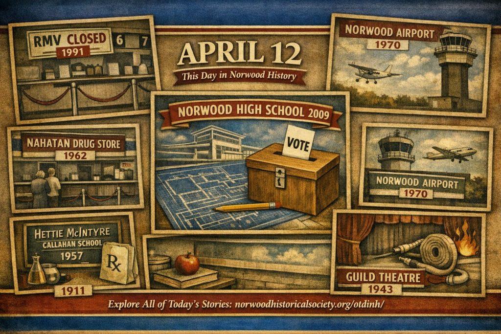 Illustration depicting significant historical events in Norwood, including the closure of RMV in 1991, the establishment of Nahatan Drug Store in 1962, and the Guild Theatre from 1943. Features a voting box for Norwood High School in 2009.