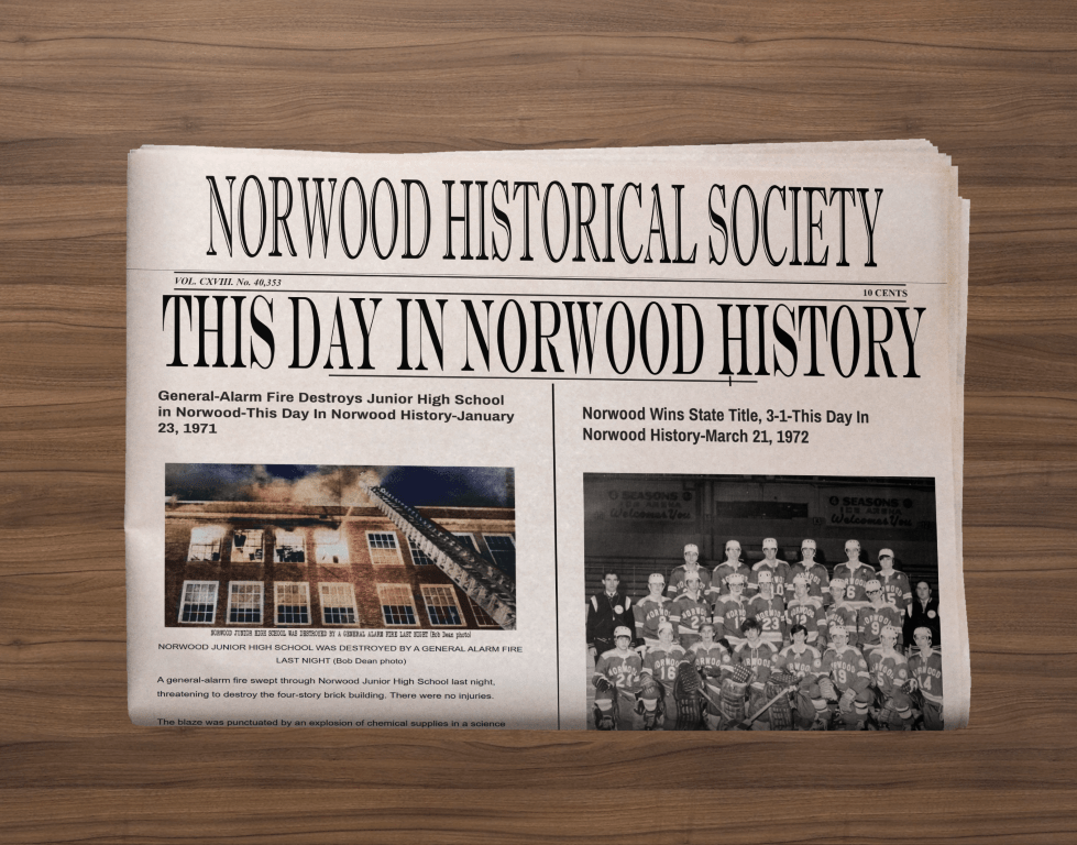 A newspaper headline from the Norwood Historical Society titled 'This Day in Norwood History,' featuring significant events from January 23, 1971, and March 21, 1972, including a fire at Norwood Junior High School and a state title win.