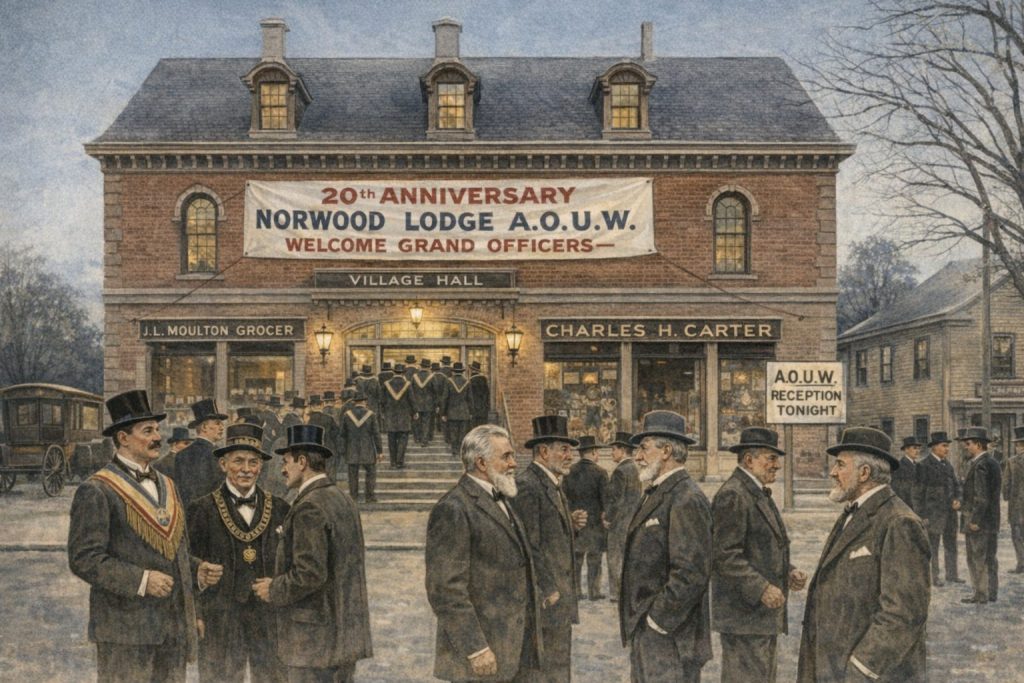 Historical gathering at Village Hall for the 20th anniversary celebration of Norwood Lodge A.O.U.W., featuring men in formal attire conversing outside the entrance, adorned with a large banner welcoming grand officers.