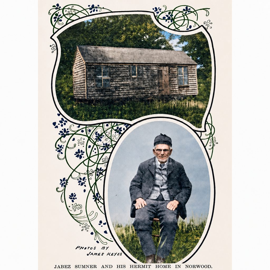 A historical photograph of Jabez Sumner sitting in front of his hermit home, a small wooden cabin surrounded by greenery, with decorative floral elements.