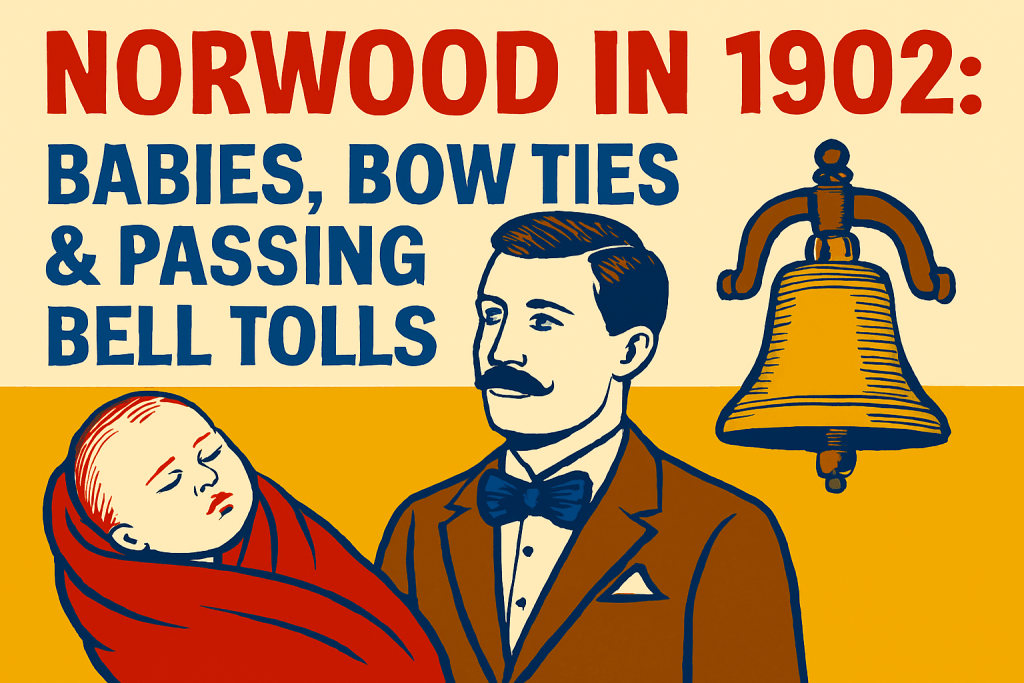 Illustration depicting a man in a bow tie holding a sleeping baby, with the text 'Norwood in 1902: Babies, Bow Ties & Passing Bell Tolls' and a bell graphic in the background.