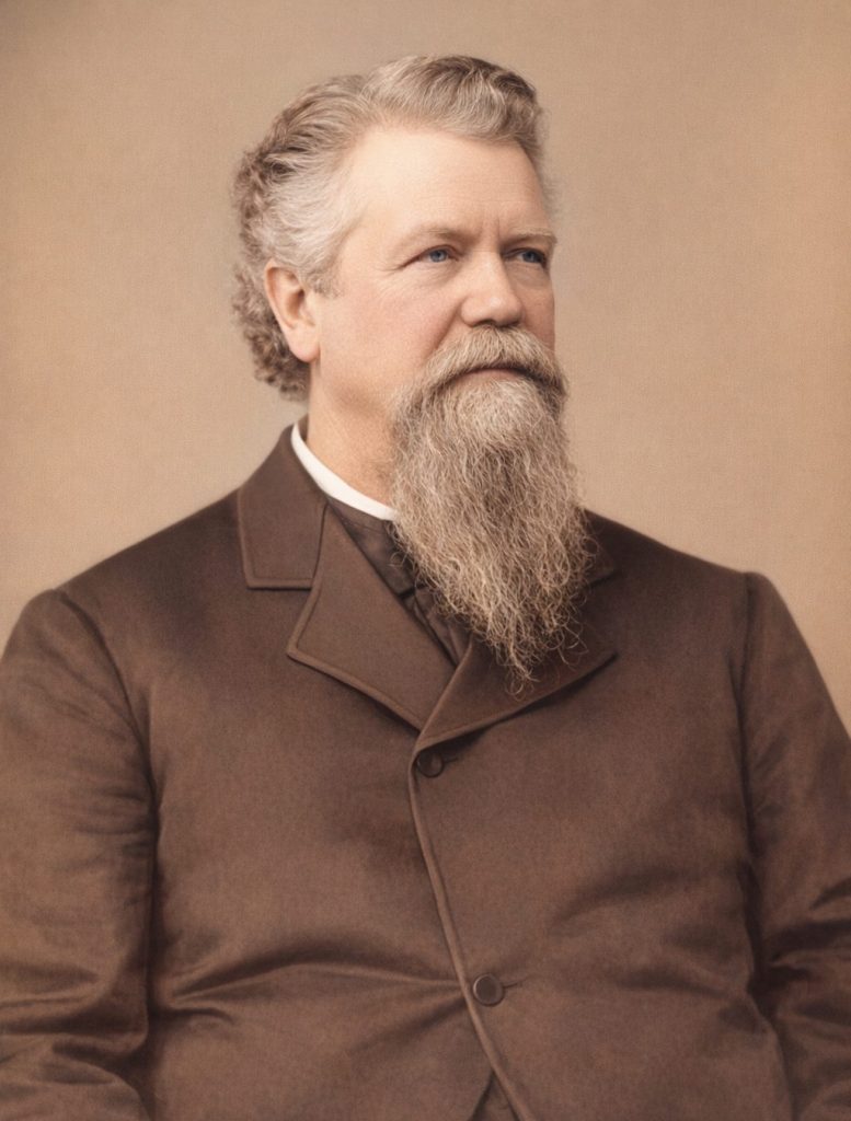 Portrait of a bearded man in a dark suit, with wavy hair and a serious expression.