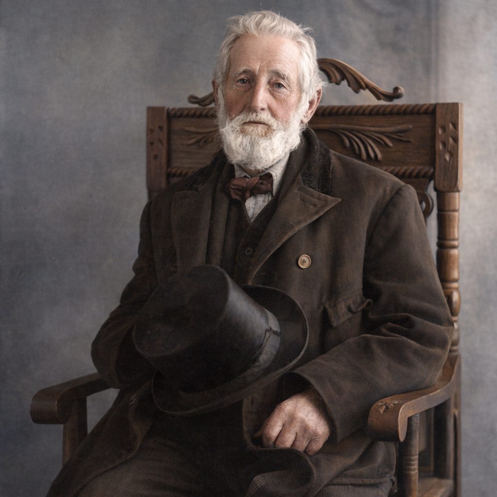 A portrait of an elderly man with a white beard, wearing a dark coat and bow tie, seated on a wooden chair, holding a black top hat.