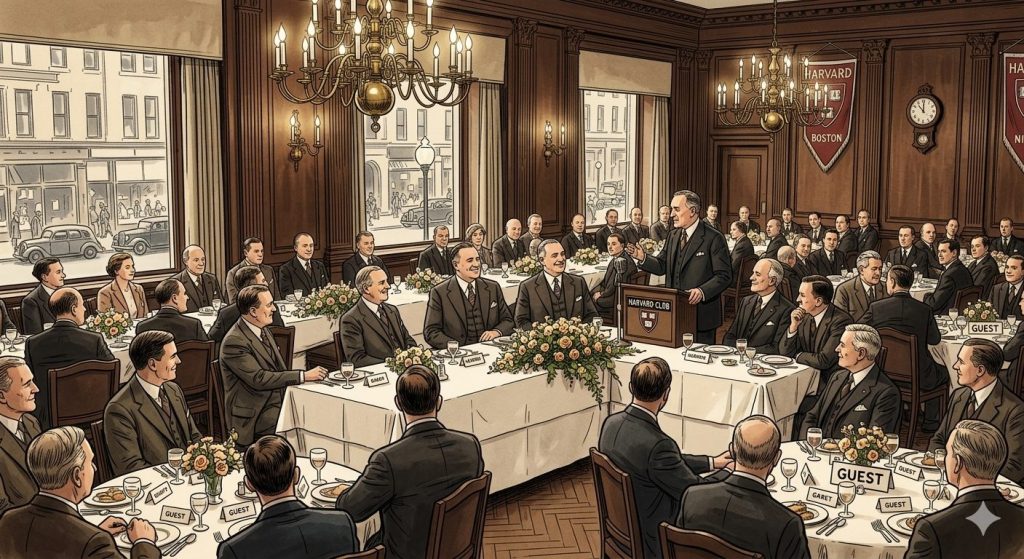 A formal gathering at the Harvard Club featuring a speaking engagement, with multiple tables set for a banquet and guests attentively listening.