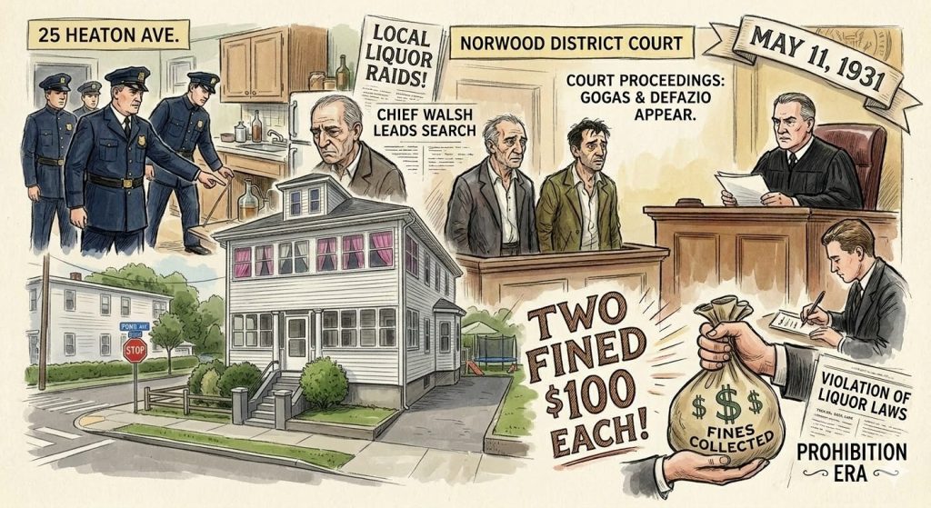 Illustration depicting events from May 11, 1931, featuring Norwood District Court, police raids on local liquor establishments, and court proceedings where two men, Gogas and Defazio, are fined $100 each for violating liquor laws during Prohibition. The image includes a house on Heaton Ave, police officers, and a judge presiding over the case.