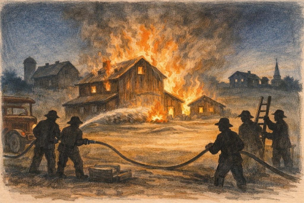 Silhouette of firefighters battling a large structure fire at night, with flames engulfing a barn-like building and smoke surrounding. A vintage fire truck is visible nearby.