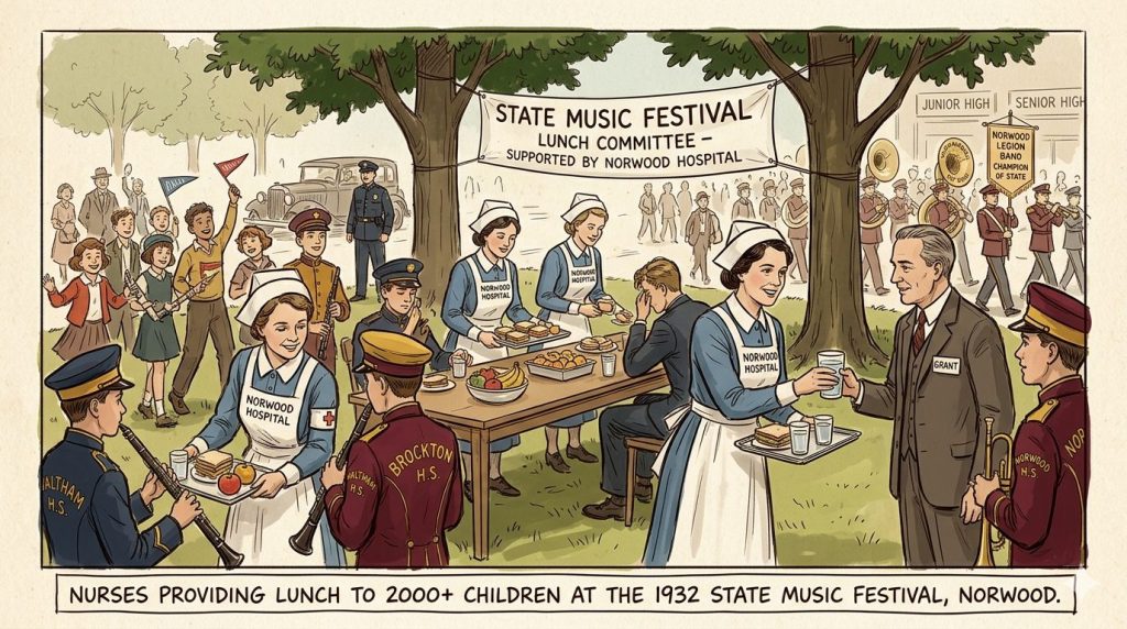 A historical scene depicting nurses serving lunch to children at the 1932 State Music Festival in Norwood, with a banner identifying the lunch committee supported by Norwood Hospital.