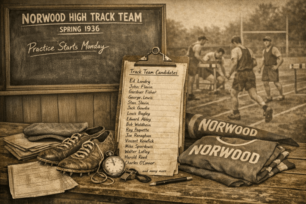 Vintage photo depicting the Norwood High Track Team from 1936, featuring practice schedule details, candidate list, running shoes, and track uniforms on a wooden table.
