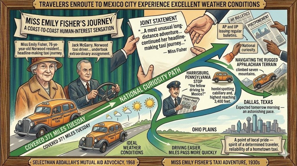 An illustrated infographic detailing Miss Emily Fisher's coast-to-coast taxi journey. It features her portrait alongside taxi driver Jack McGarry, showcases their route with key locations like Harrisburg, Dallas, and the Appalachian terrain, and highlights their travel milestones and local significance.