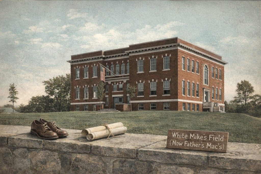 Historic brick building with large windows, accompanied by a pair of brown shoes and rolled papers on a stone wall. A sign reads 'White Mike's Field (Now Father's Mac's)' in the foreground.
