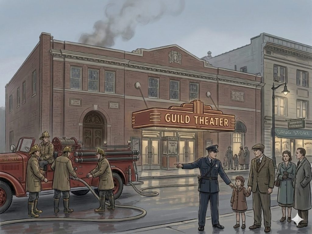 A vintage scene depicting the Guild Theater with a fire truck and firefighters outside. A police officer is directing a group of people, including a man holding a girl's hand, in front of the theater. The setting is rainy, adding to the nostalgic feel.