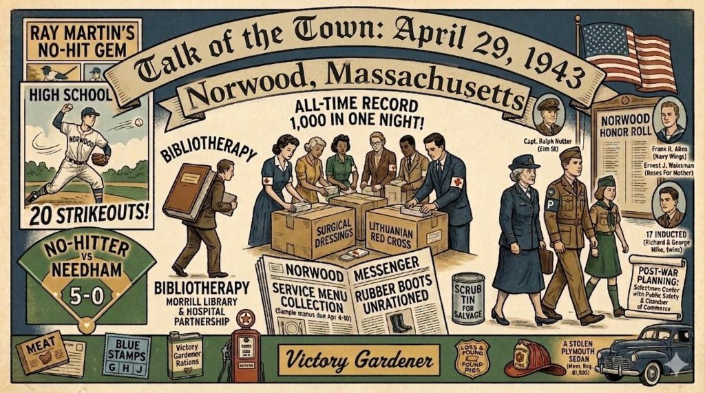 A vintage-style poster from April 29, 1943, showcasing events and highlights in Norwood, Massachusetts, including a high school baseball no-hitter, bibliotherapy programs, and community service initiatives.