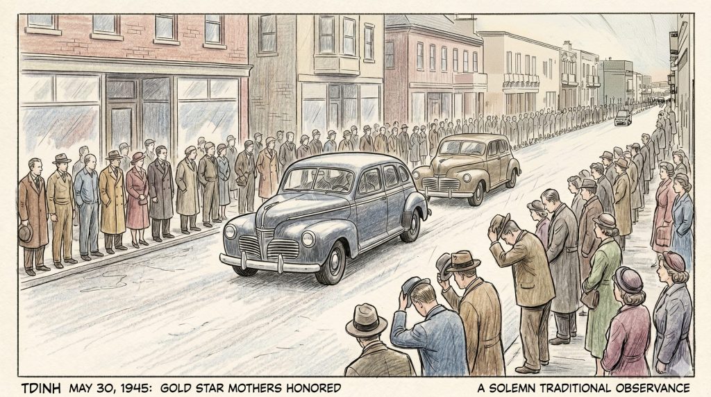A historical scene depicting a solemn procession on May 30, 1945, honoring Gold Star Mothers. People in period clothing stand in silent reflection along the street as two vintage cars pass by.