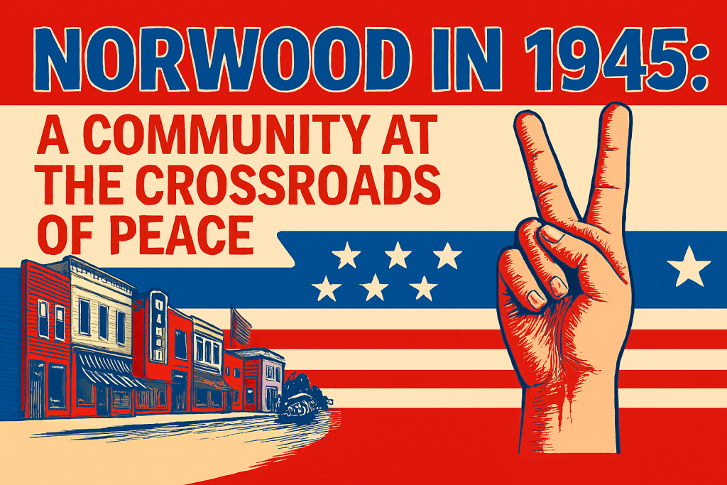A vintage illustration featuring a raised hand forming a peace sign against a backdrop of stylized American flags, with the text 'Norwood in 1945: A Community at the Crossroads of Peace' prominently displayed.