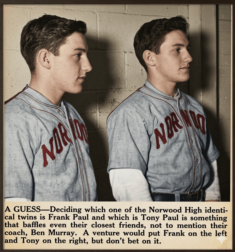 Two young male baseball players in Norwood High uniforms stand side by side, showcasing their identical features. The image has a vintage aesthetic, with a caption discussing their twin identities.