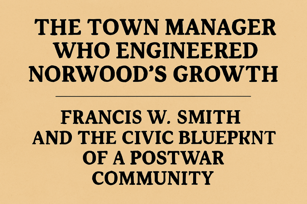 A title card for an article featuring bold text that reads 'THE TOWN MANAGER WHO ENGINEERED NORWOOD’S GROWTH' and 'FRANCIS W. SMITH AND THE CIVIC BLUEPRINT OF A POSTWAR COMMUNITY' on a beige background.