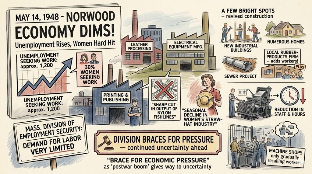 An illustrated report on the economic conditions in Norwood from May 14, 1948, highlighting rising unemployment and the impact on women, featuring statistics, industry details, and ongoing employment challenges.