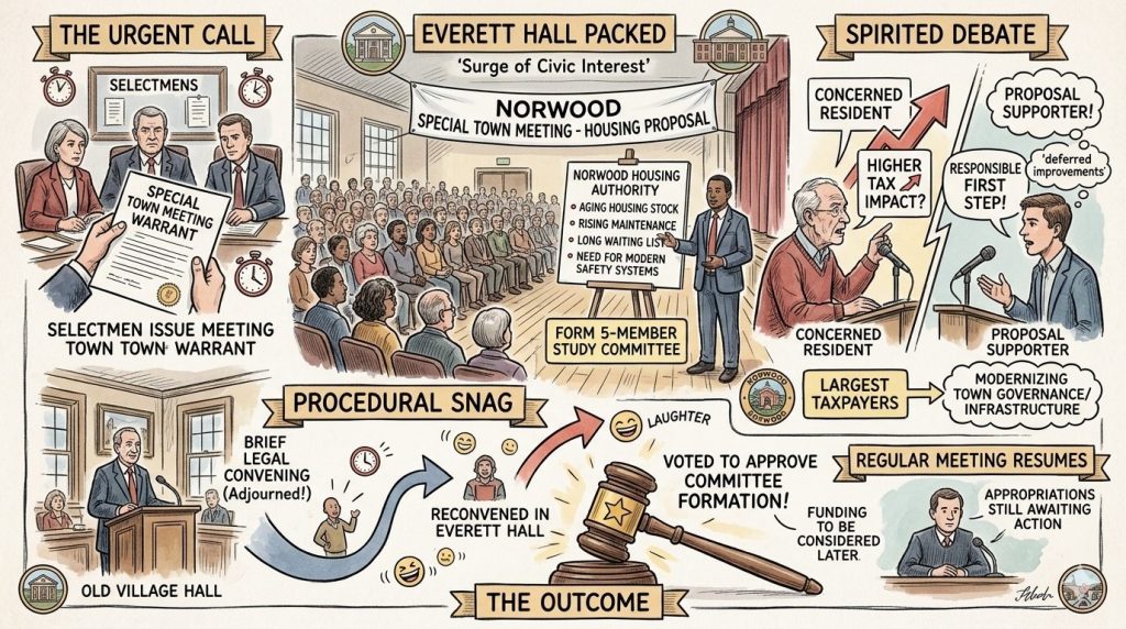 An illustrated summary of a town meeting discussing a housing proposal in Norwood, featuring selectmen, residents, and various topics of debate.