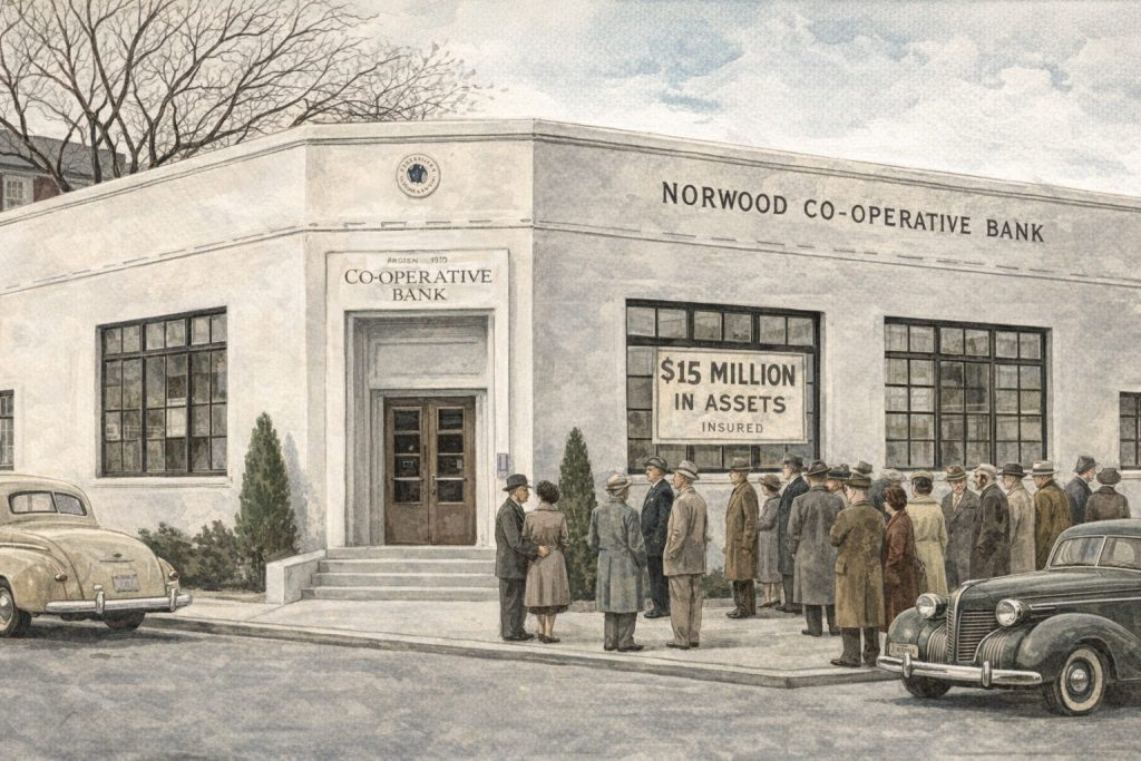 A historic watercolor illustration depicting the Norwood Co-operative Bank, with a crowd of people lined up outside. The building features a sign stating '$15 Million in Assets Insured' and showcases architectural details typical of the early 20th century.