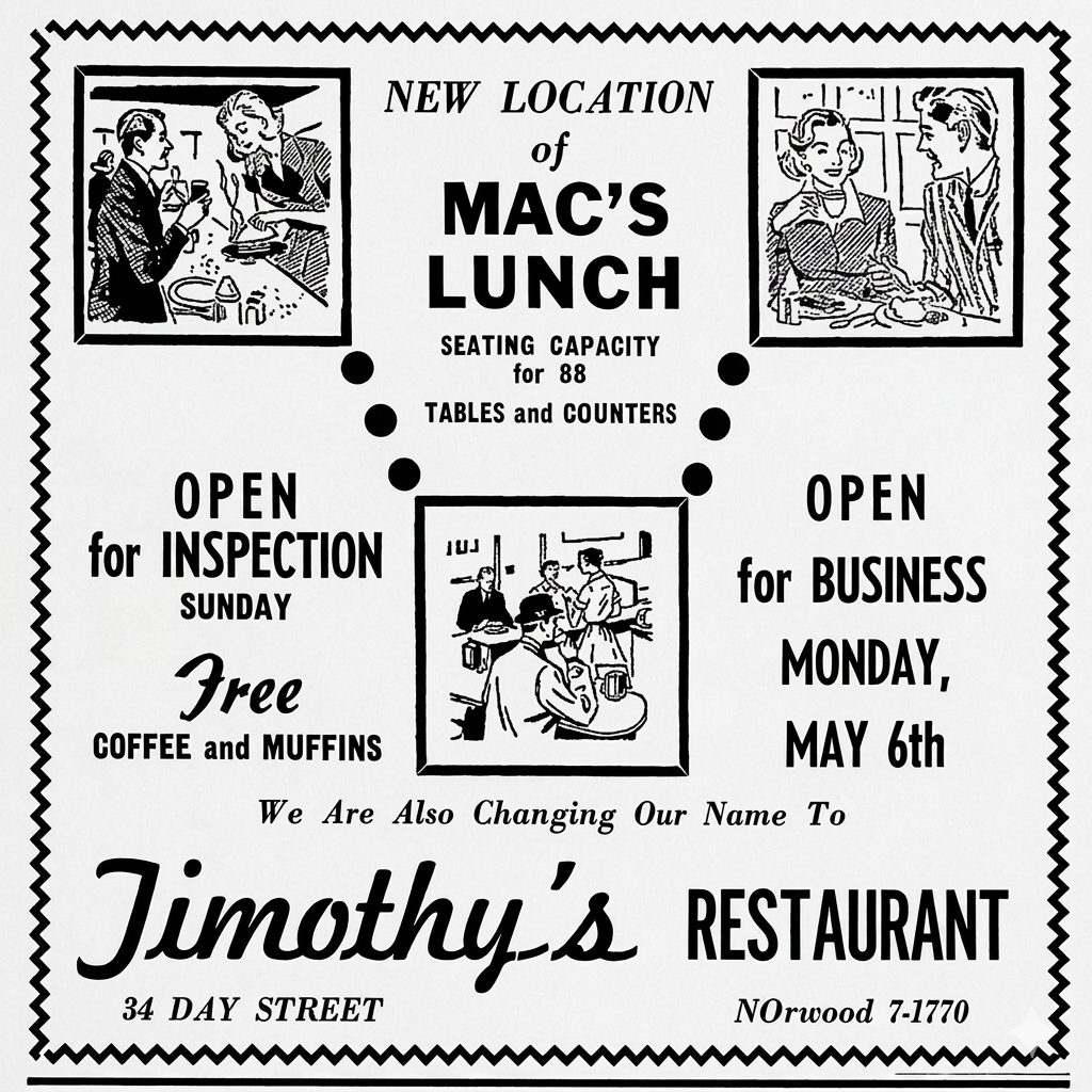 Black and white advertisement for the new location of Mac's Lunch, featuring details about seating capacity, open inspection, free coffee and muffins, and the restaurant's name change to Timothy's Restaurant.