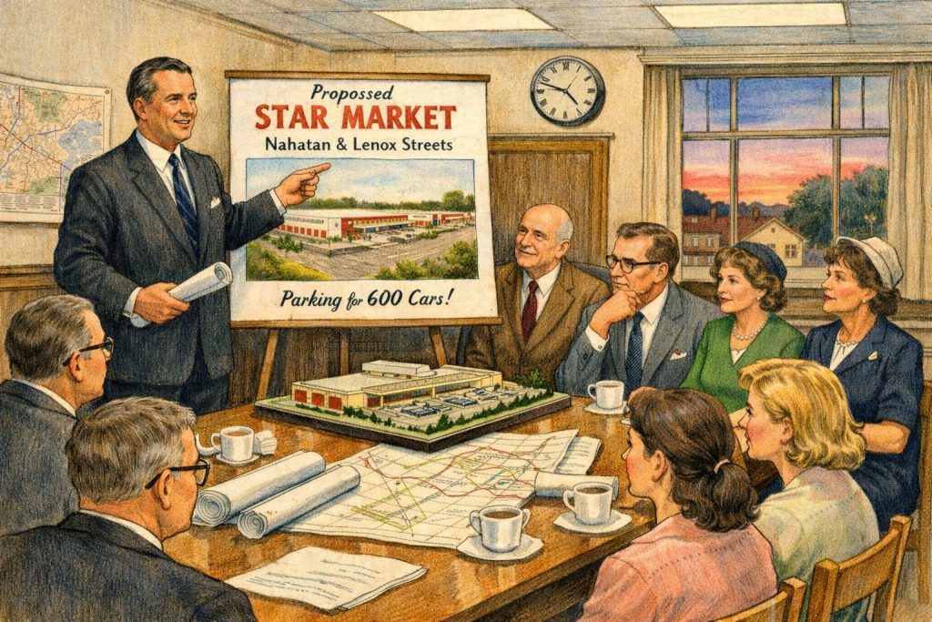 A business meeting discussing the proposed Star Market at Nahatan and Lenox Streets, featuring a presentation board with an architectural rendering and a model of the grocery store. Attendees include a diverse group of six people seated around a table, with plans and coffee cups visible.