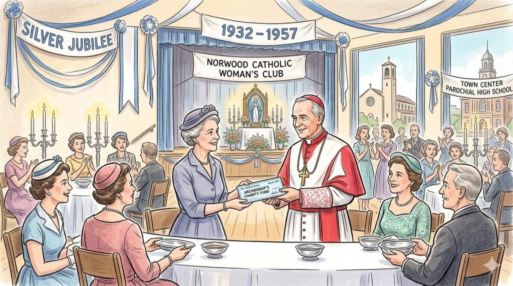 Illustration of a gathering at the Norwood Catholic Woman's Club celebrating its Silver Jubilee, 1932-1957. A man in religious attire presents a check to a woman at a decorated table, while others applaud in the background.