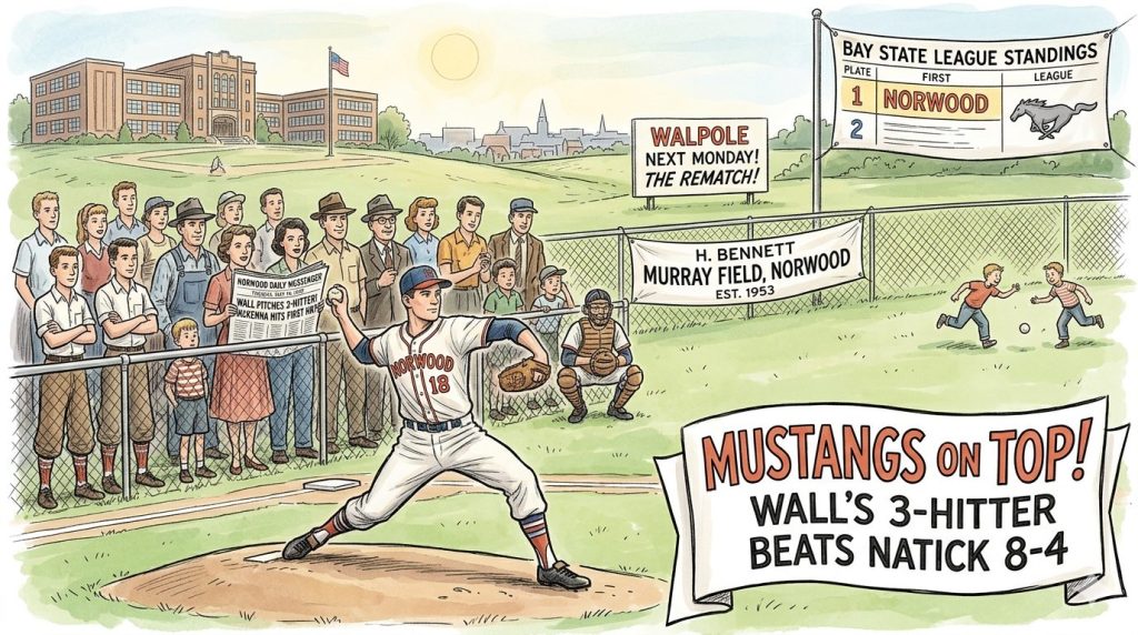 A vintage-style illustration of a baseball scene at H. Bennett Murray Field in Norwood. A young pitcher in a white jersey with 'NORWOOD' printed on it prepares to throw a pitch, while a catcher squats behind home plate. A crowd watches from the stands, with some holding a newspaper. Signs in the background announce standings and upcoming rematch with Walpole. The setting includes a school building and a sunny sky.