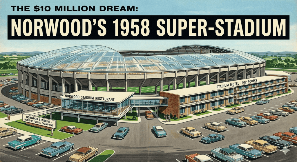 Illustration of Norwood's 1958 Super-Stadium featuring a large arena, a restaurant, and a motel with vintage cars in the parking lot.