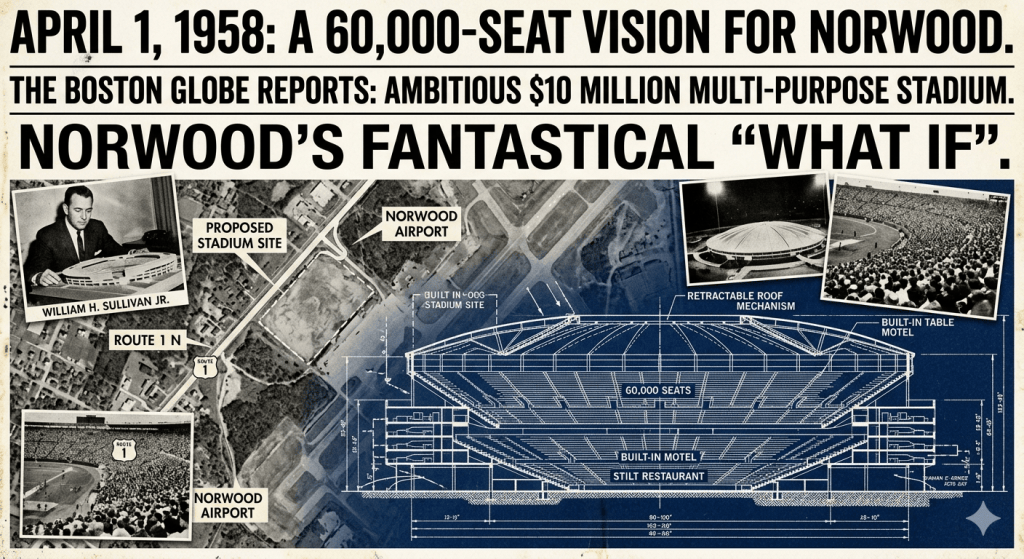 A newspaper clipping announcing a proposed 60,000-seat multi-purpose stadium in Norwood, featuring architectural plans, images of the stadium concept, and information about the proposed site near Norwood Airport.