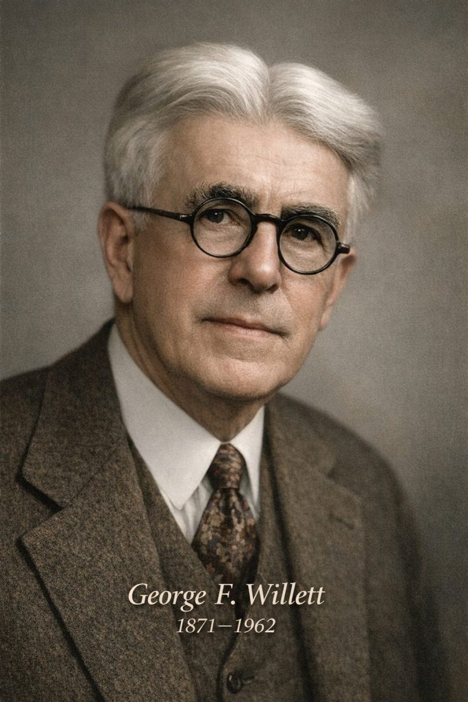 A portrait of a man with gray hair and glasses, wearing a brown suit and patterned tie, with the name 'George F. Willett' and years '1871-1962' displayed below.