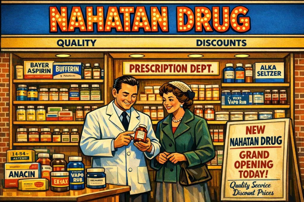 Vintage illustration of a pharmacist in a white coat assisting a woman in a green coat at a drugstore called Nahatan Drug, showcasing various medications and a grand opening sign.