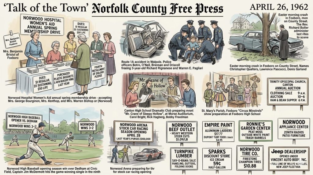 A newspaper page titled 'Talk of the Town' from the Norfolk County Free Press, dated April 26, 1962, featuring various local news stories, including a women's aid membership drive, a baseball game, and a police incident.