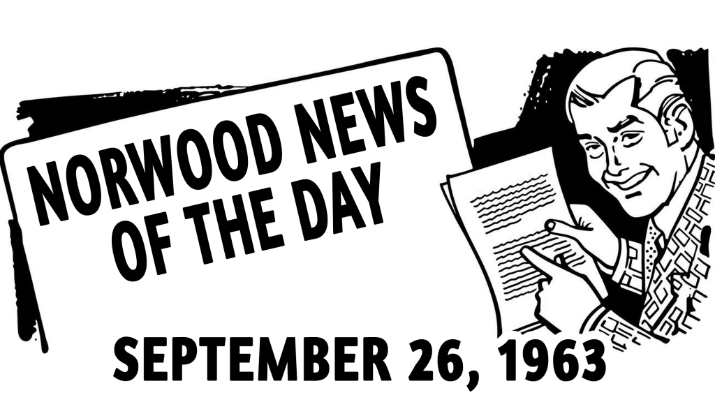 Illustration featuring the title 'Norwood News of the Day' with a man reading a document, dated September 26, 1963.