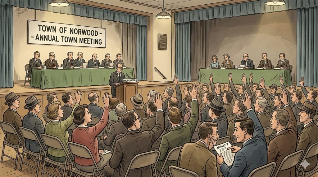A town hall meeting scene depicting a large group of attendees raising their hands in response to a discussion, with a moderator speaking at the front. A banner above reads 'TOWN OF NORWOOD - ANNUAL TOWN MEETING', and a panel of officials is seated behind a table.