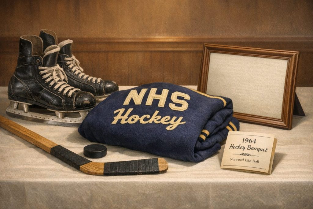 A vintage display featuring hockey skates, a navy blue sweater with 'NHS Hockey' lettering, a hockey puck, a wooden hockey stick, and a sign for the '1964 Hockey Banquet' at Norwood Elks Hall. There is also a blank picture frame.