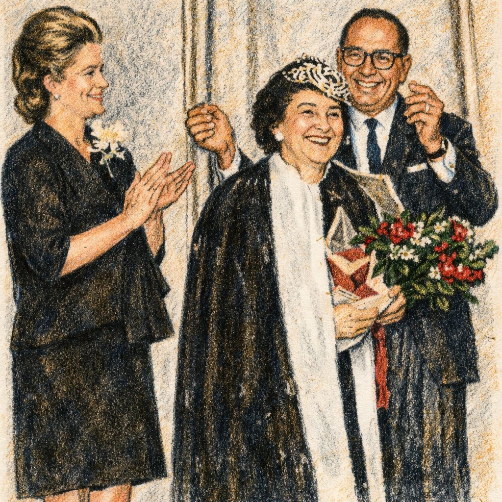 A joyful celebration with a woman in a cape holding an award, smiling and surrounded by two applauding individuals, one wearing a floral decoration.