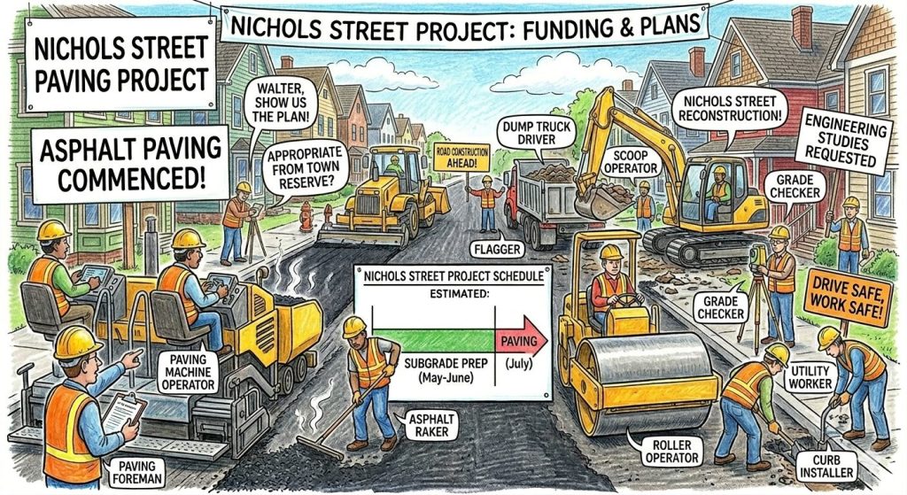 Illustration of the Nichols Street Paving Project, featuring workers operating various construction equipment, including a paving machine, dump truck, and excavator. The scene includes multiple job titles such as paving foreman, grade checker, and utility worker, with construction signage detailing project plans and timelines.