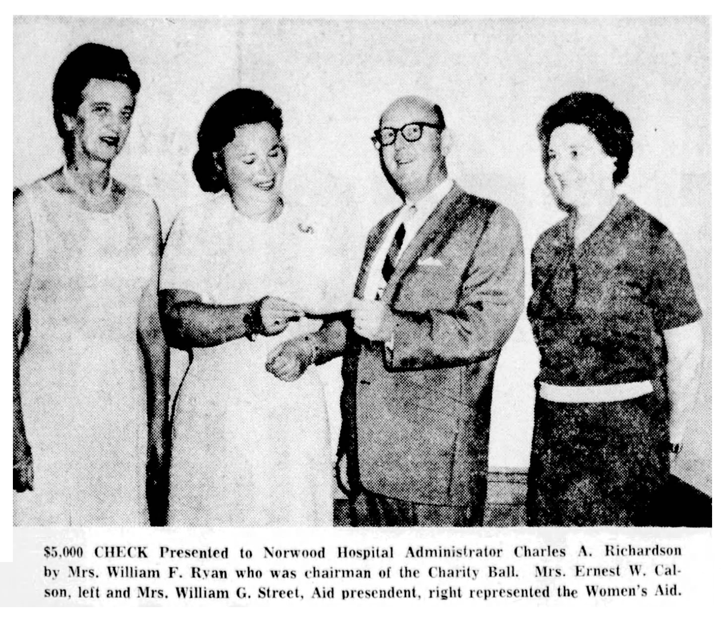 Charity Ball Proceeds Presented to Norwood Hospital for New Coronary Care Unit-August 31, 1966