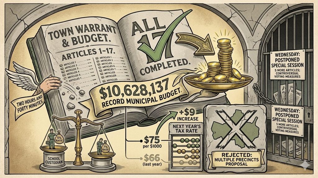 Illustration of a town budget announcement showing a completed municipal budget of $10,628,137, with a list of articles, tax rate increase, and a rejected proposal for multiple precincts. Features symbols representing education and governance.