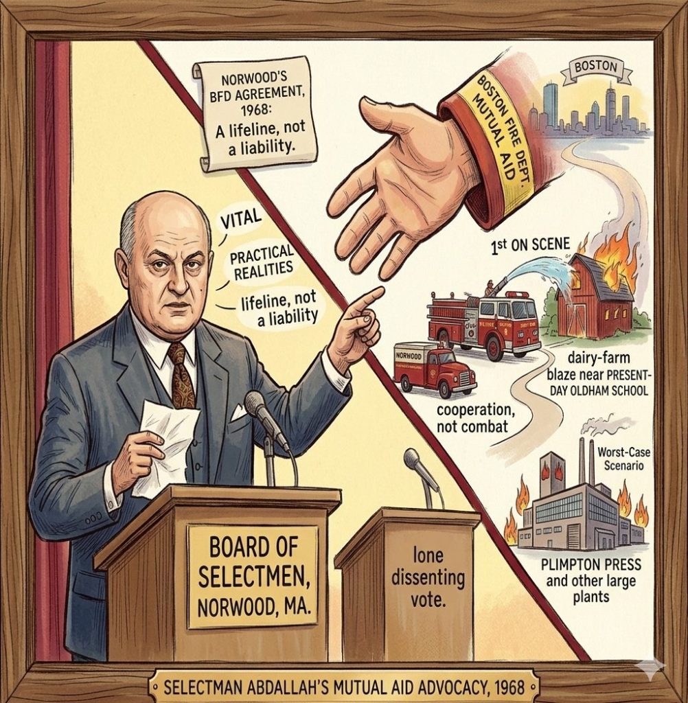 A historical illustration depicting Selectman Abdallah advocating for Norwood's mutual aid agreement with the Boston Fire Department in 1968. The image features Abdallah making a speech at a podium with charts and visuals emphasizing cooperation, the importance of mutual aid, and potential emergency scenarios.