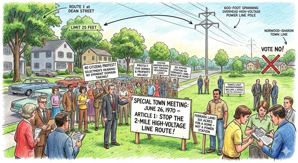 A group of citizens protesting against a proposed high-voltage power line in a residential area. Signs convey messages regarding the opposition to eminent domain and preserving property values. A town meeting announcement is also depicted, along with the presence of local officials and concerned residents.