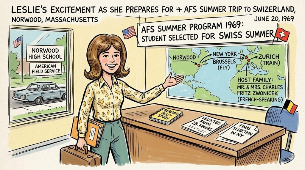 Illustration of a young woman named Leslie, excitedly preparing for her AFS summer trip to Switzerland. The scene includes Norwood High School and details about the program, including a map showing travel routes to Zurich and Brussels, with information about her host family.