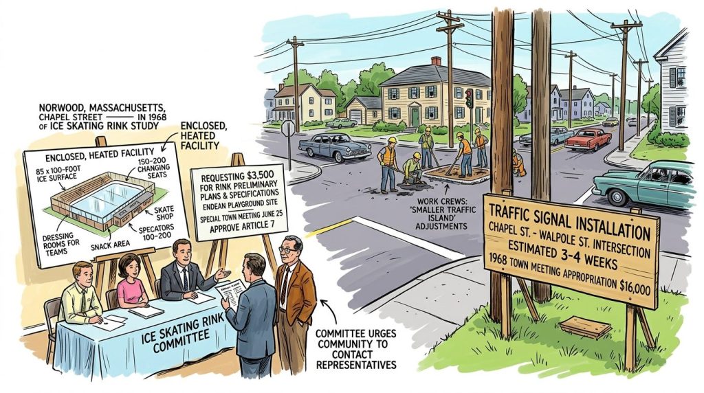 Illustration depicting a 1968 ice skating rink study in Norwood, Massachusetts, featuring a plan for an enclosed, heated facility with an ice surface, seating, and changing rooms. A committee discusses plans at a table. In the background, a traffic signal installation project at the Chapel and Walpole intersection is shown with work crews and a sign detailing the project timeline and budget.