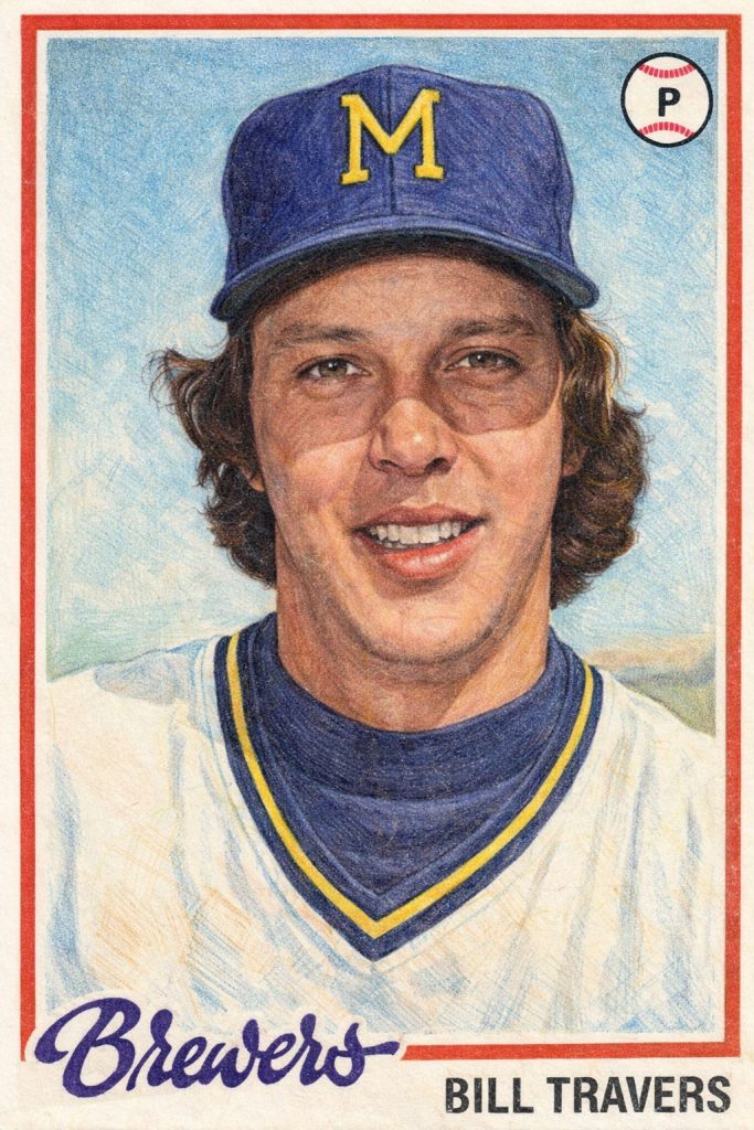 Illustration of a smiling man with medium-length brown hair, wearing a blue baseball cap with an 'M' on it, and a white jersey. He's identified as Bill Travers and is associated with the Brewers baseball team.