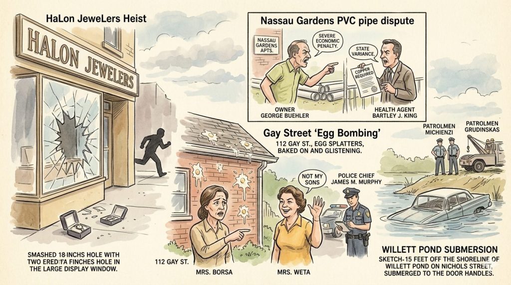 Illustration depicting various local incidents: a burglary at Halon Jewelers with broken windows, a PVC pipe dispute at Nassau Gardens, an egg splattering situation at 112 Gay Street, and a submerged vehicle in Willett Pond.