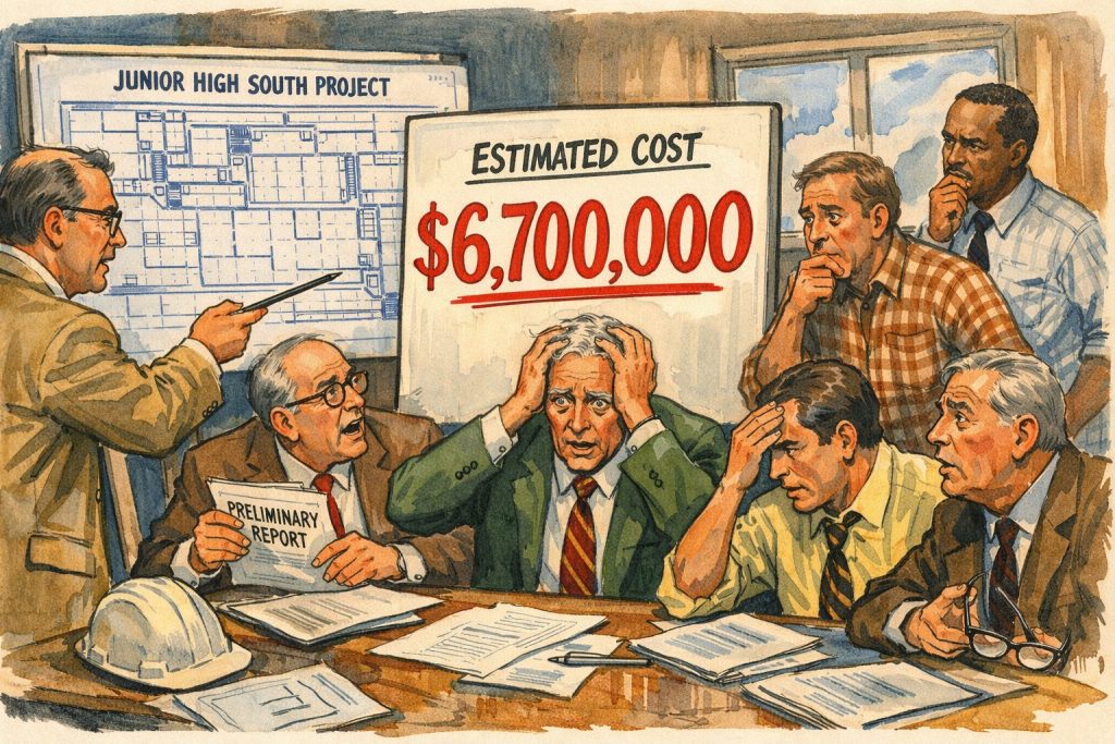 A group of concerned men in a meeting room reacting to a projected cost of $6,700,000 for a junior high school project, with one man holding a preliminary report and another pointing at a blueprint.