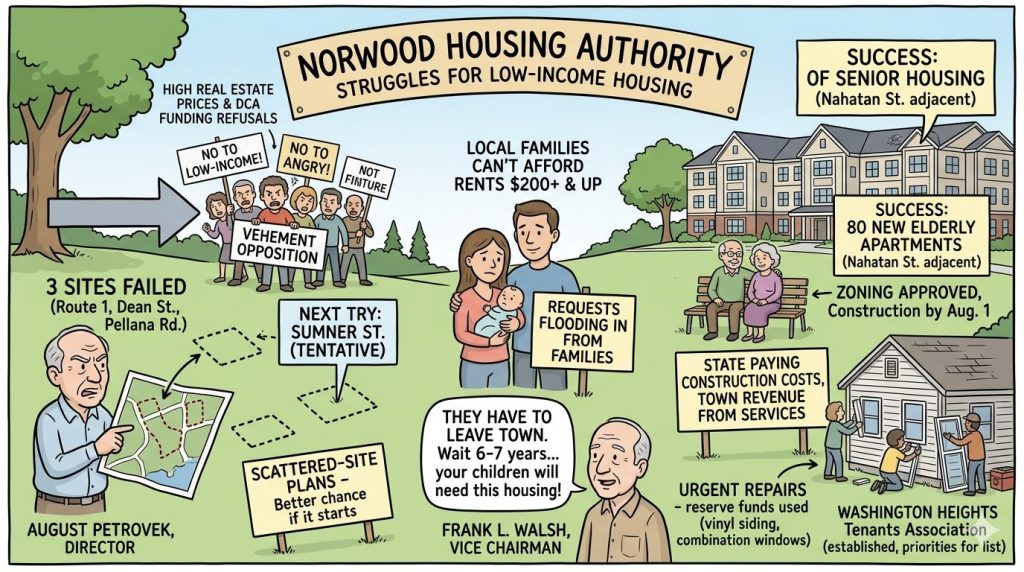 Infographic depicting challenges faced by the Norwood Housing Authority in addressing low-income housing. Highlights include high real estate prices, local opposition to low-income housing, failed development sites, and successful projects for senior and new elderly apartments. Key figures like August Petrovek and Frank L. Washburn are mentioned with insights about community needs and ongoing efforts.