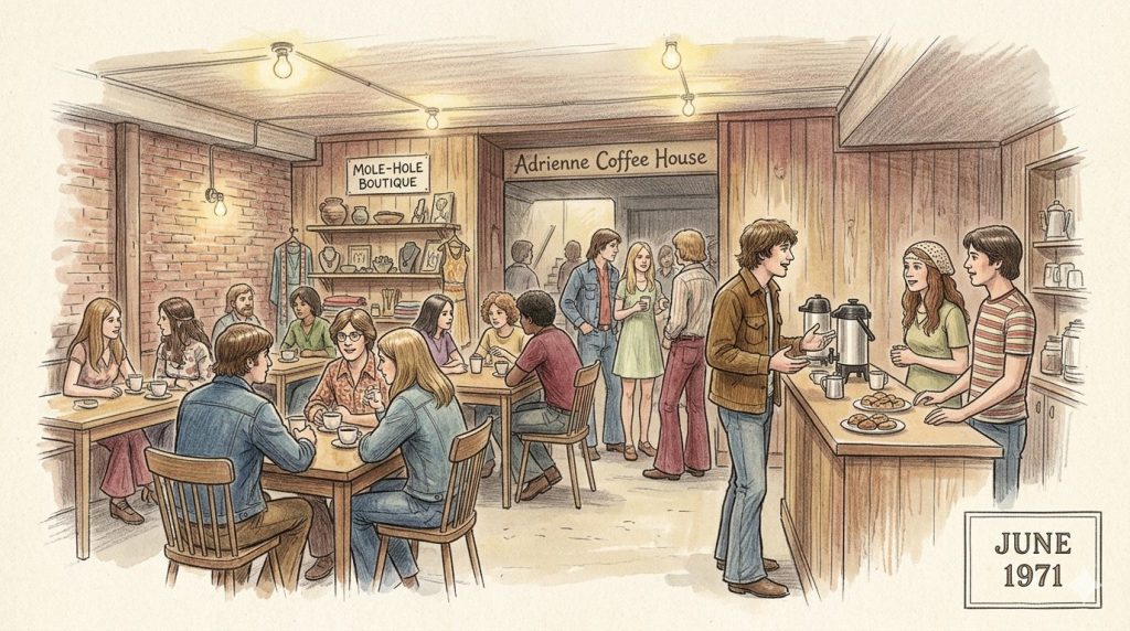 A vintage coffee house scene from June 1971, depicting a warm and inviting atmosphere with patrons seated at wooden tables, enjoying drinks and snacks. The background features a sign for 'Adrienne Coffee House' and 'Mole-Hole Boutique', while a group of people socialize near the counter.