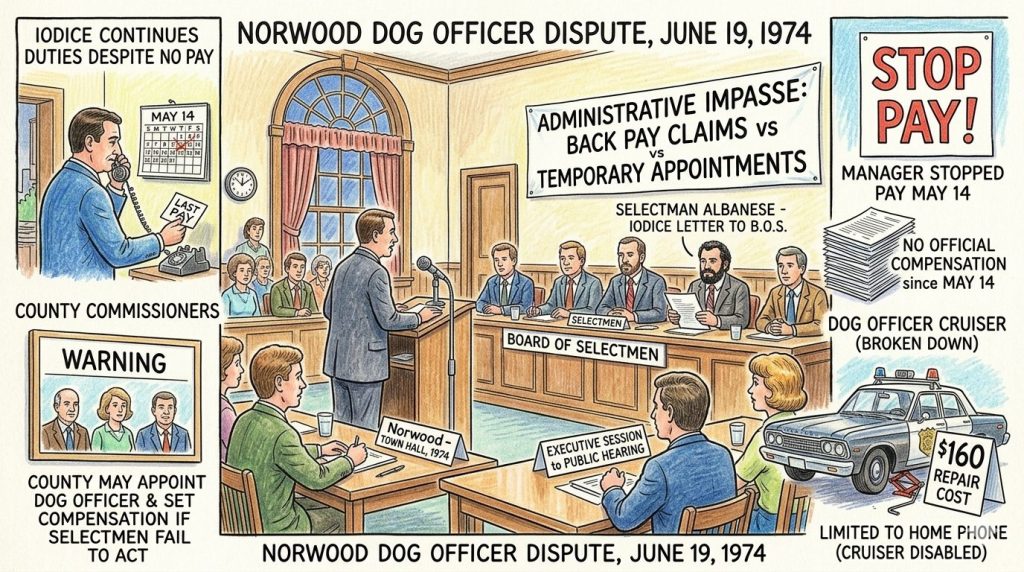 Illustration of a 1974 town meeting regarding the Norwood dog officer dispute, featuring a group of town officials discussing compensation issues and back pay claims, with references to administrative tasks and a broken dog officer cruiser.