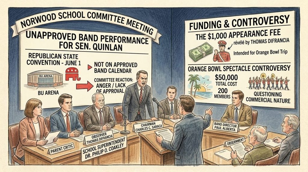 Illustration of a Norwood School Committee meeting discussing an unapproved band performance for Senator Quinlan, with points about funding controversies, an appearance fee, and an Orange Bowl spectacle.
